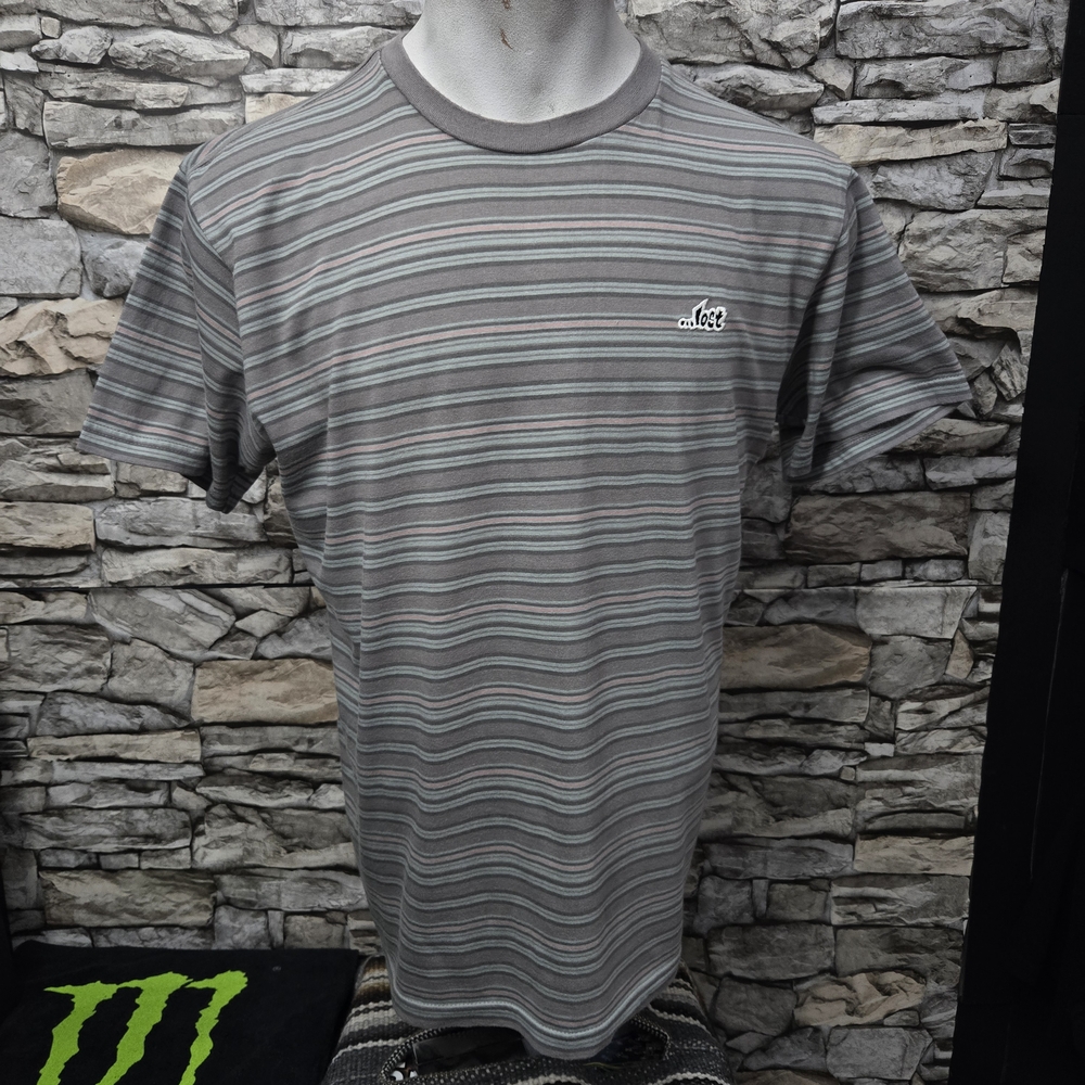 Lost Surfboards Men's M Short Sleeve Tee Crewneck with Gray and White Stripes